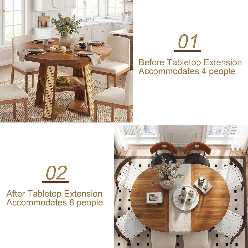 knoworld 43"-59" Extendable Round Dining Table for 4-8, V-Leg | Modern Kitchen Oval Dining Table with Removable Leaves, Wood Base with Storage Shelf for Kitchen Living Room, Walnut