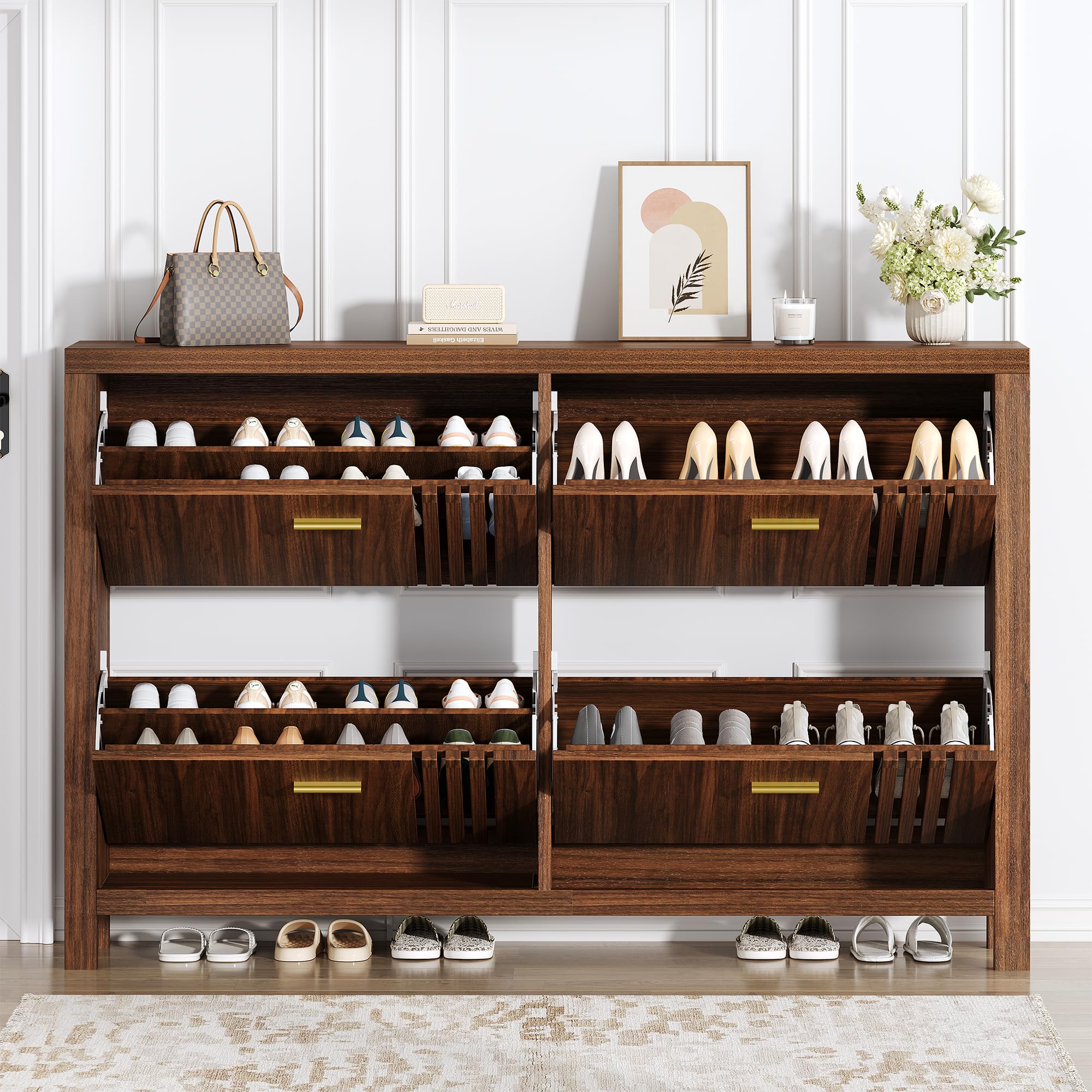 Shoe Storage Cabinet for Entryway with 2 Flip Drawers, 31.5" Slim Fluted Shoe Organizer Cabinet, Narrow Wooden Shoe Rack Cabinet, Freestanding Hidden Shoe Cabinet for Hallway, Entrance (Walnut)