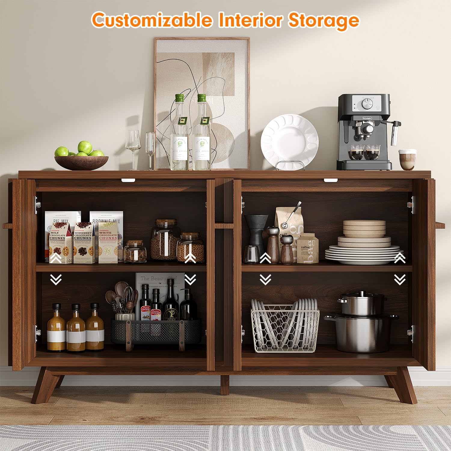 Sideboard Buffet Cabinet with Storage, 59" Modern Credenza with 4 Doors & Adjustable Shelves, Wood Console Cabinet for Living Room Kitchen Dining Room Hallway (Walnut)