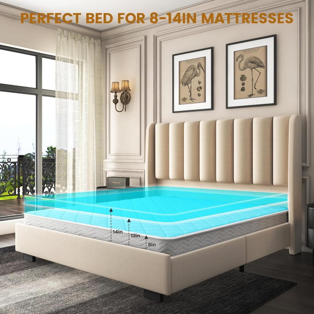 Queen Size Lift Up Storage Bed Frame with 51" Tall Headboard, Upholstered Velvet Wingback Tufted Design, Wood Slats Support, No Box Spring Required, Noise-Free Double Bed Frame (Queen,Beige)