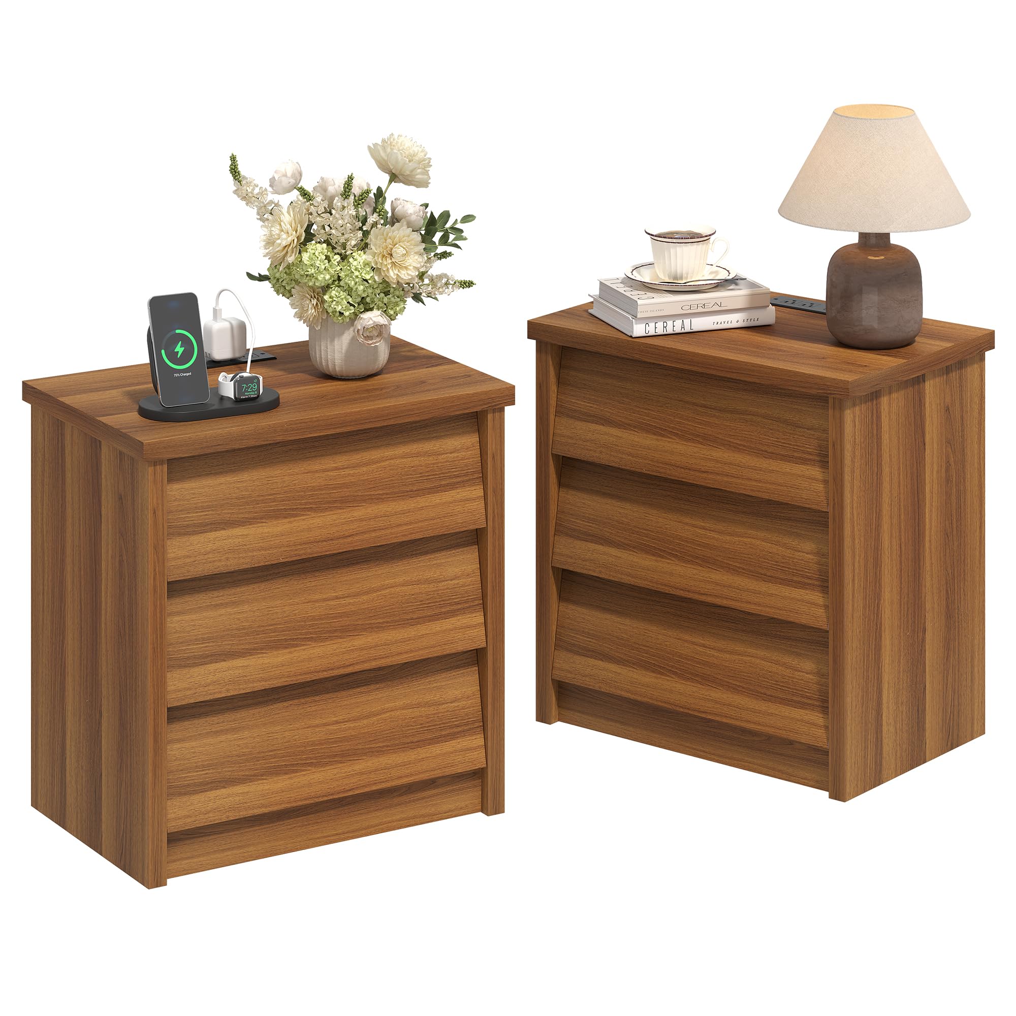 23" Wide Nightstand with Charger Station, Wood Night Stand with 3 Drawers, Modern Bedside Table with USB Ports and Outlets, Storage Bed Side End Table for Bedroom, Living Room, Hallway (Natural)