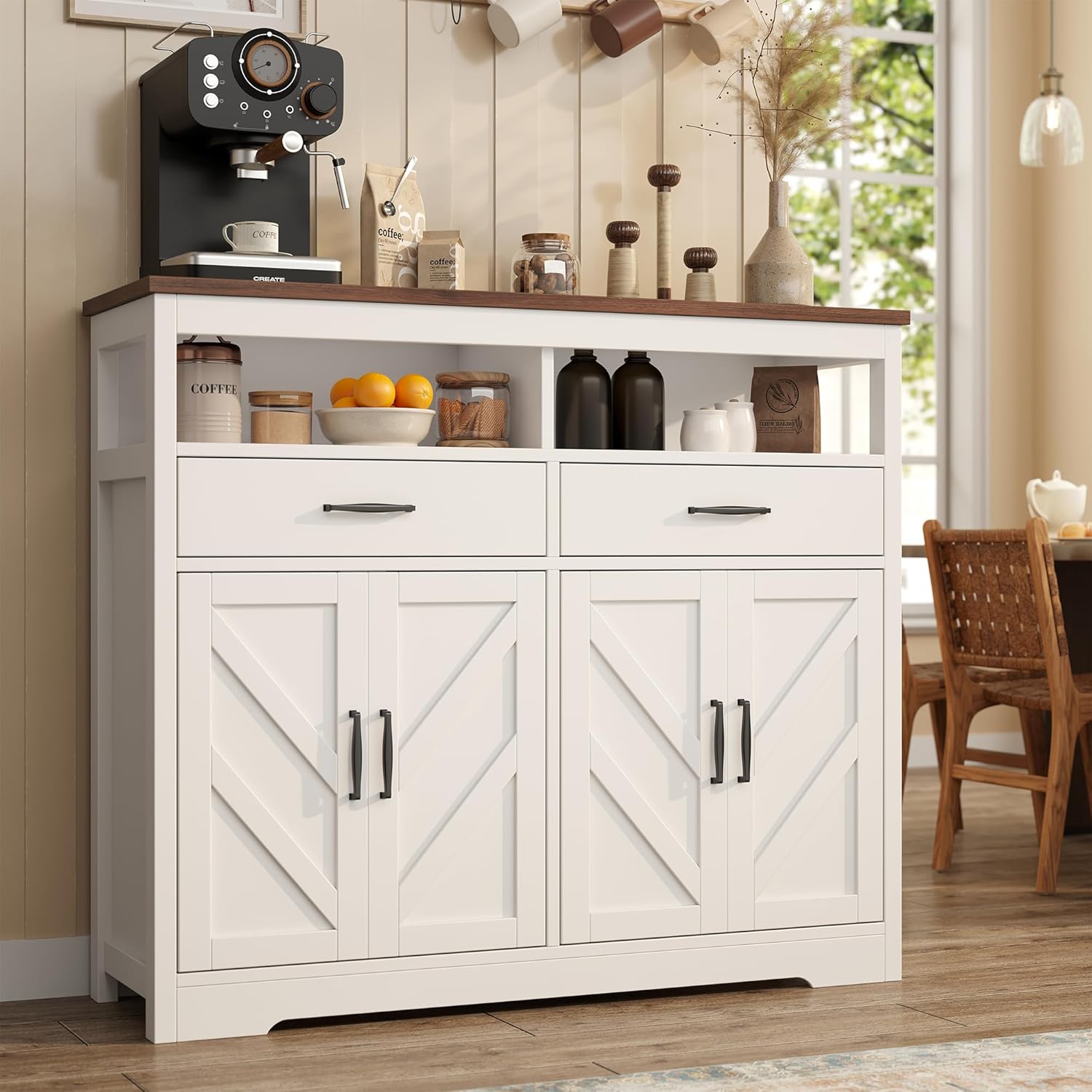 Buffet Sideboard with Storage Farmhouse with 4 Doors, 47'' Large Kitchen Storage Cabinet Wood Coffee Bar Cabinet Buffet Table with Shelves for Kitchen, Dining Room, Entryway