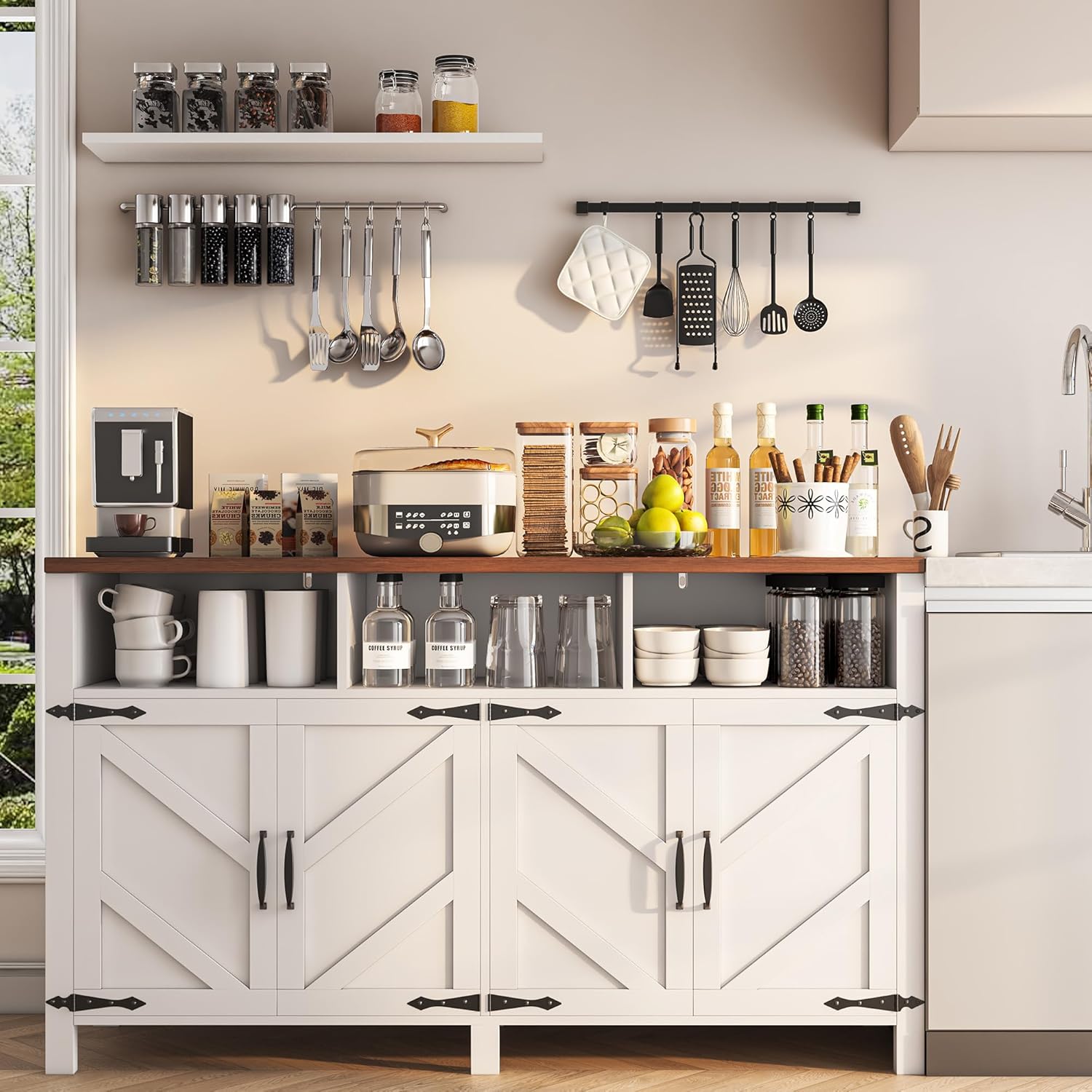 Buffet Sideboard with Storage Farmhouse with 4 Doors, 55'' Large Kitchen Storage Cabinet Wood Coffee Bar Cabinet Buffet Table with Shelves for Kitchen, Dining Room, Entryway