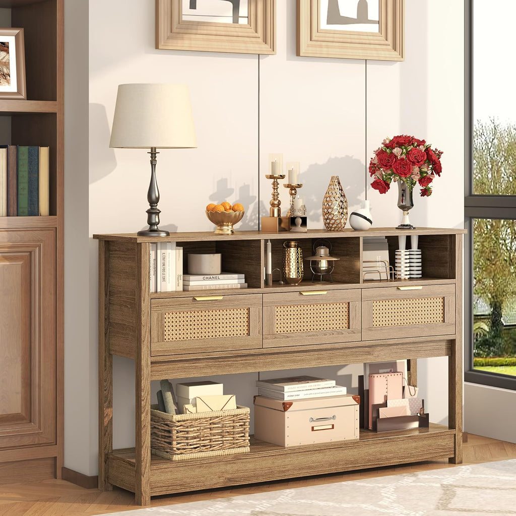Rattan Console Table, Boho Entryway Table Sofa Table with Storage, Hallway Foyer Table Behind Couch Table, Wood Console Tables Open Storage Shelf for Living Room, Hallway, Brown