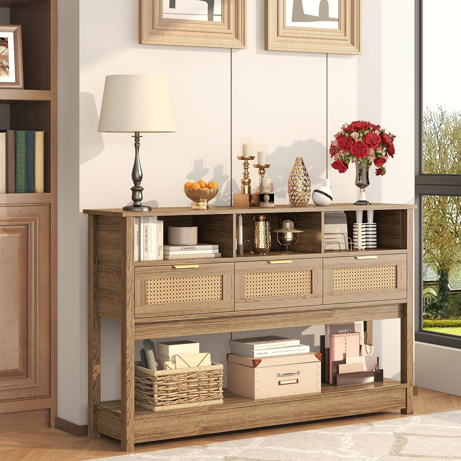 Rattan Console Table, Boho Entryway Table Sofa Table with Storage, Hallway Foyer Table Behind Couch Table, Wood Console Tables Open Storage Shelf for Living Room, Hallway, Brown