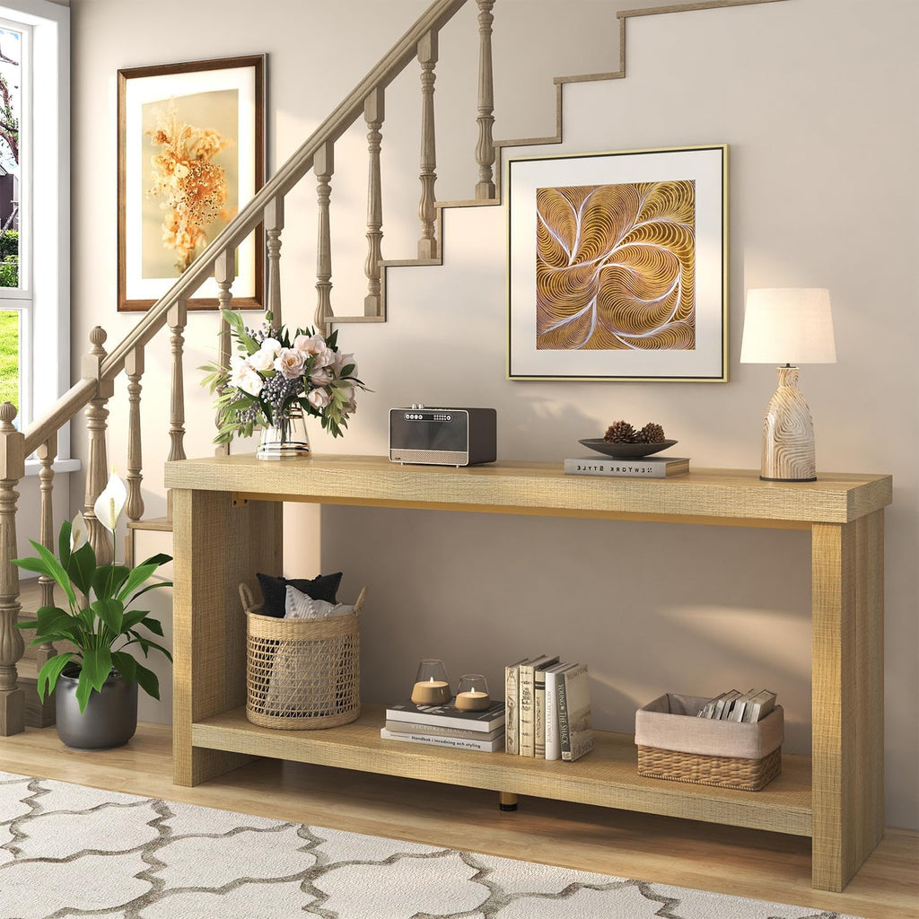 63 Inches Narrow Console Table, 2-Tier Long Sofa Tables Behind Couch Table, Farmhouse Foyer Tables for Entryway, Hallway, Living Room, Oak Natural