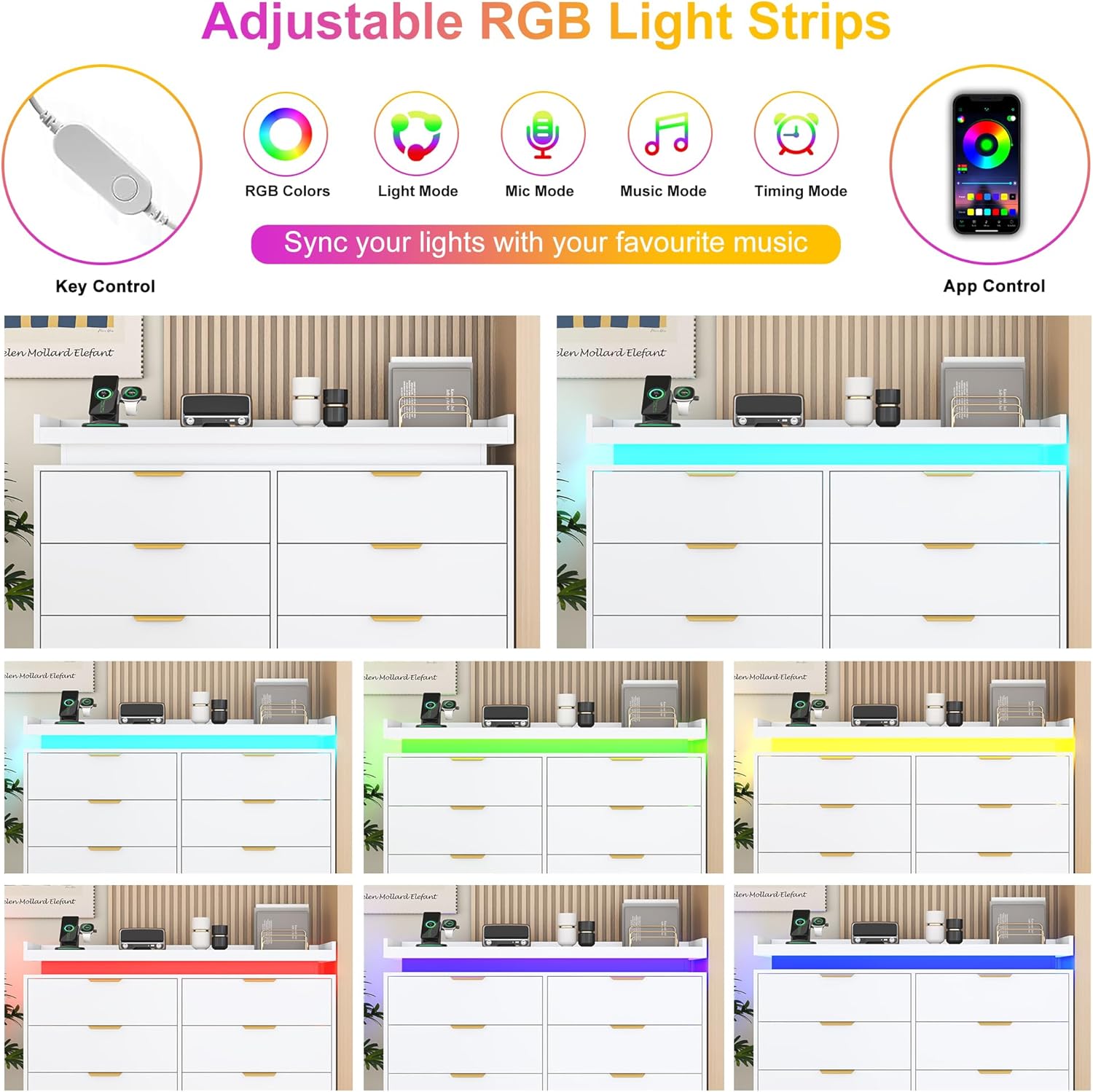8 Drawer Dressers for Bedroom, White Dresser with LED Lights and Power Outlet, Wood LED Dresser, Double Wide Modern Chest of Drawers for Bedroom, Entryway, Hallway