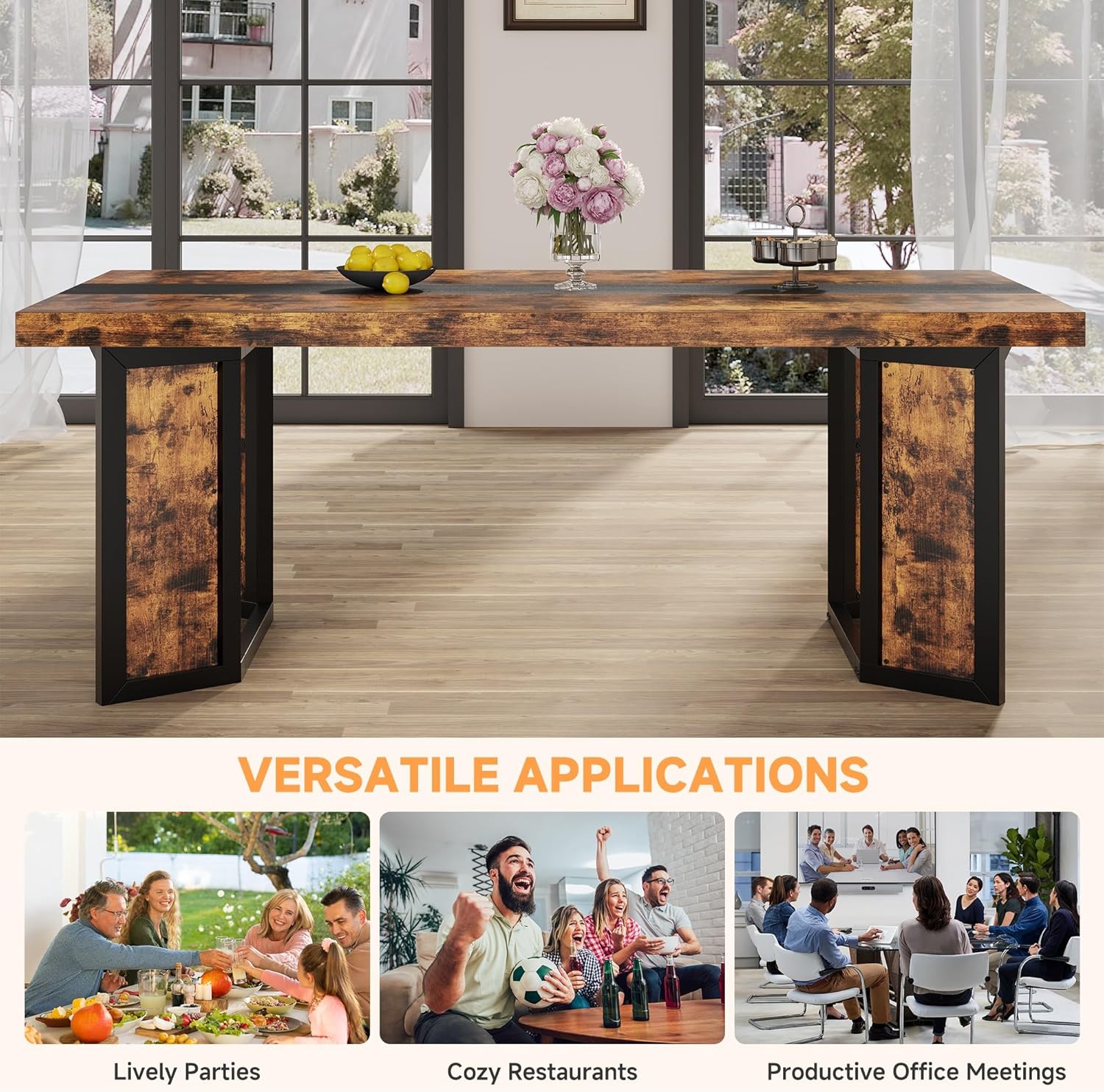 Industrial Dining Table for 6-8 People, 71" Large Long Wooden Kitchen Table with Sturdy Metal Frame & Brown Finish, Rustic Style Rectangular Dinner Table for Dining Room, Kitchen (Vintage Brown)