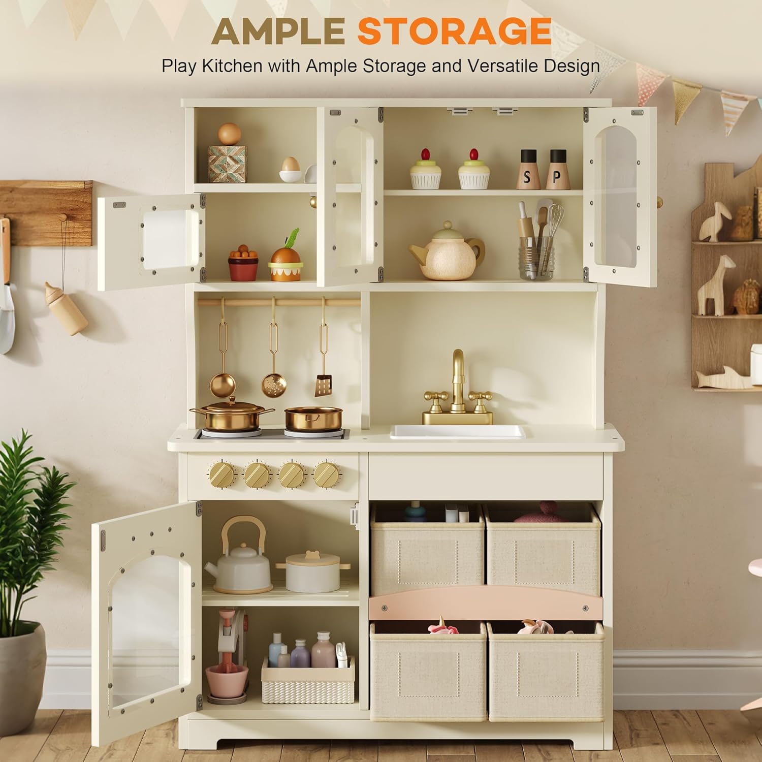 Play Kitchen for Kids, Wooden Toy Kitchen Set with Smart Storage & Accessories, Toddler Kitchen Playset with Stove & Oven, Pretend Play Set, Gift for Ages 3-8, White