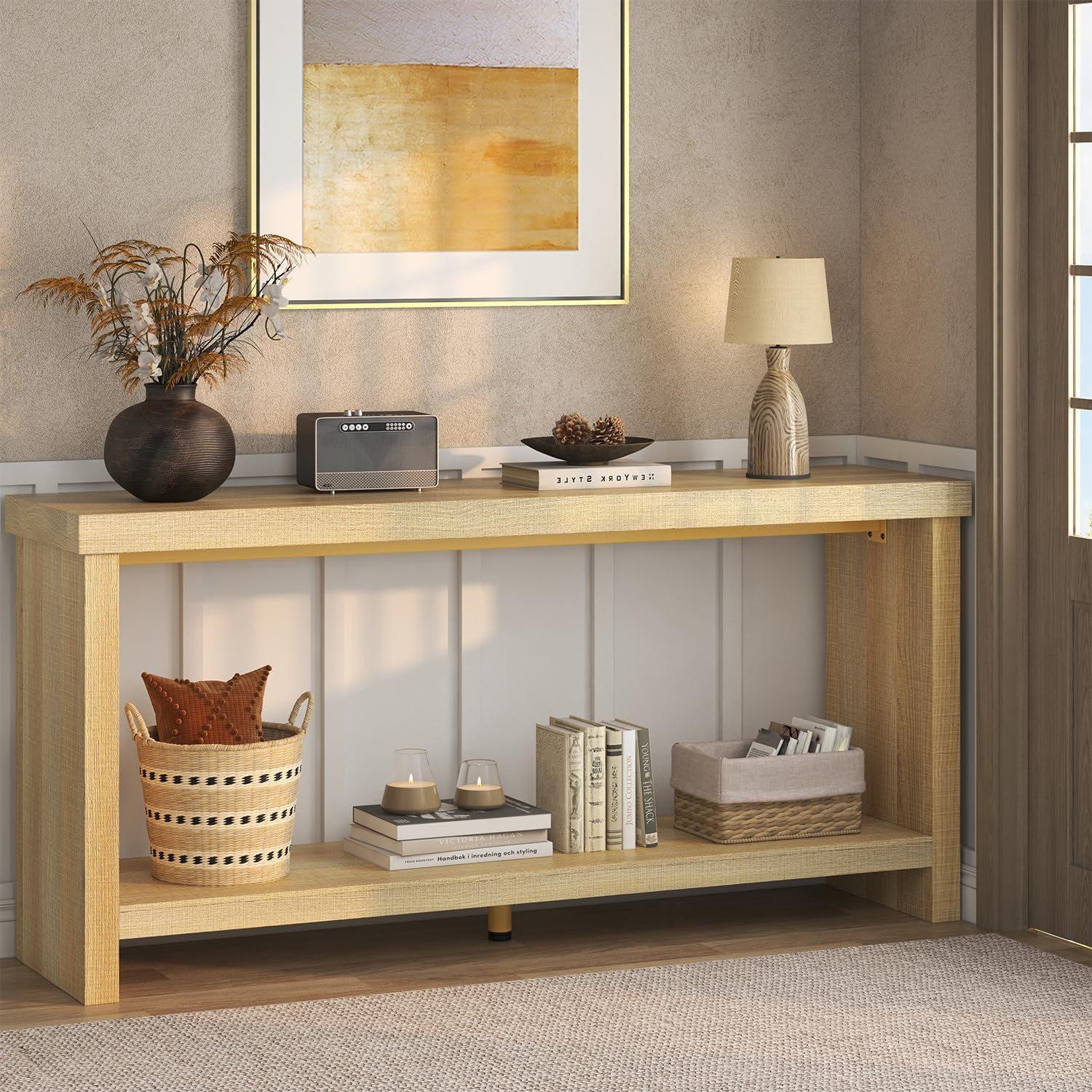 63 Inches Narrow Console Table, 2-Tier Long Sofa Tables Behind Couch Table, Farmhouse Foyer Tables for Entryway, Hallway, Living Room, Oak Natural