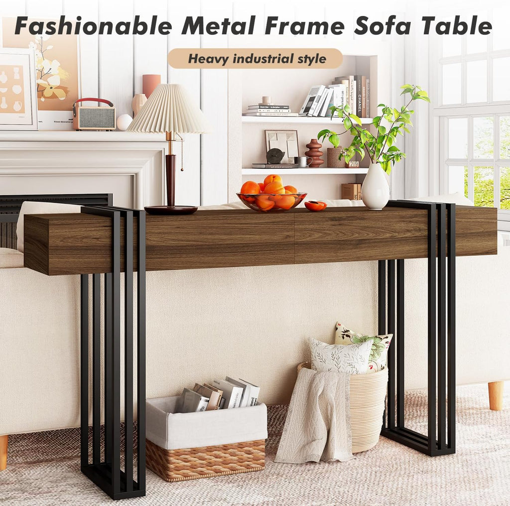 63 Inch Console Table for Entryway, Industrial Sofa Tables Couch Table Behind Sofa for Living Room Hallway Foyer, Walnut