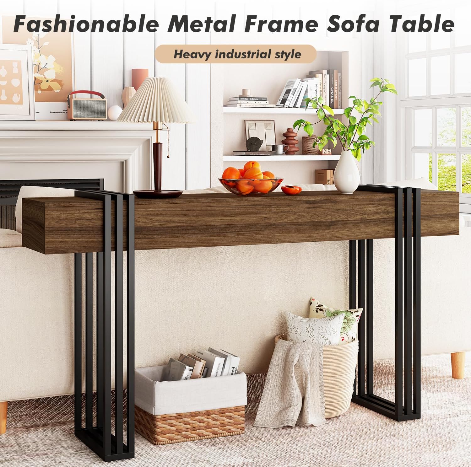 63 Inch Console Table for Entryway, Industrial Sofa Tables Couch Table Behind Sofa for Living Room Hallway Foyer, Walnut