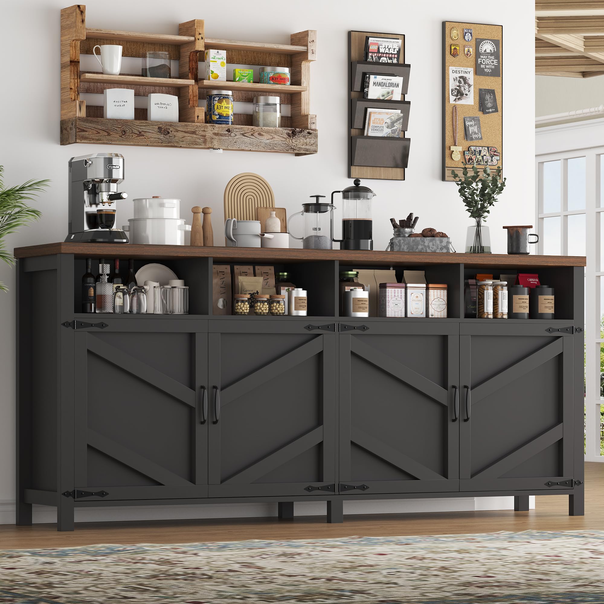 Buffet Sideboard with Storage Farmhouse with 4 Doors, 47'' Large Kitchen Storage Cabinet Wood Coffee Bar Cabinet Buffet Table with Shelves for Kitchen, Dining Room, Entryway