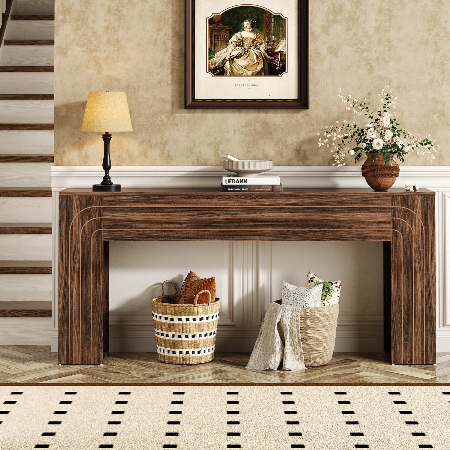 70.9-Inch Long Console Table for Entryway, Farmhouse Sofa Table with Handcrafted Line Detailing, Wood Narrow Table for Living Room, Hallway, Foyer, and Behind Couch