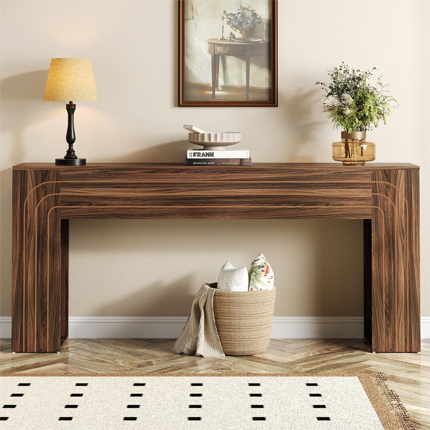 70.9-Inch Long Console Table for Entryway, Farmhouse Sofa Table with Handcrafted Line Detailing, Wood Narrow Table for Living Room, Hallway, Foyer, and Behind Couch