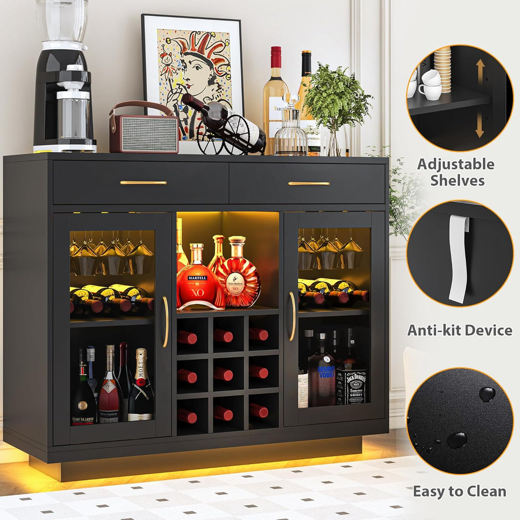 Wine Bar Cabinet with LED Lights, Coffee Bar Cabinet with Wine and Glass Rack, Black Bar Cabinet Liquor Cabinet, Kitchen Buffet Sideboard with Storage for Living Room, Dining Room