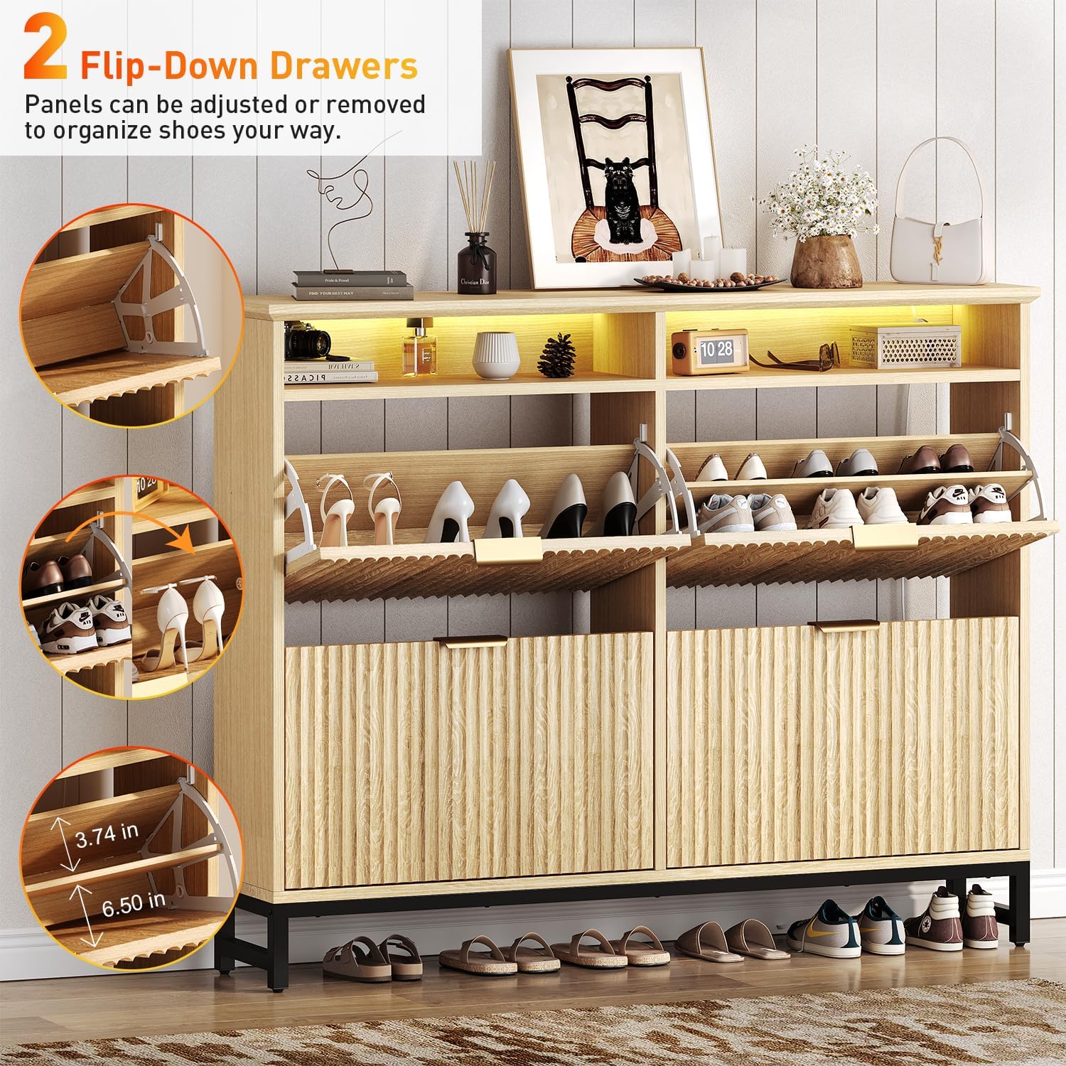 knoworld Fluted Shoe Storage Cabinet with 4 Flip Drawers, Narrow Freestanding Slim Shoe Organizer Cabinet for Entryway, Hidden Shoe Rack with Open Storage Space & LED Light for Hallway or Foyer