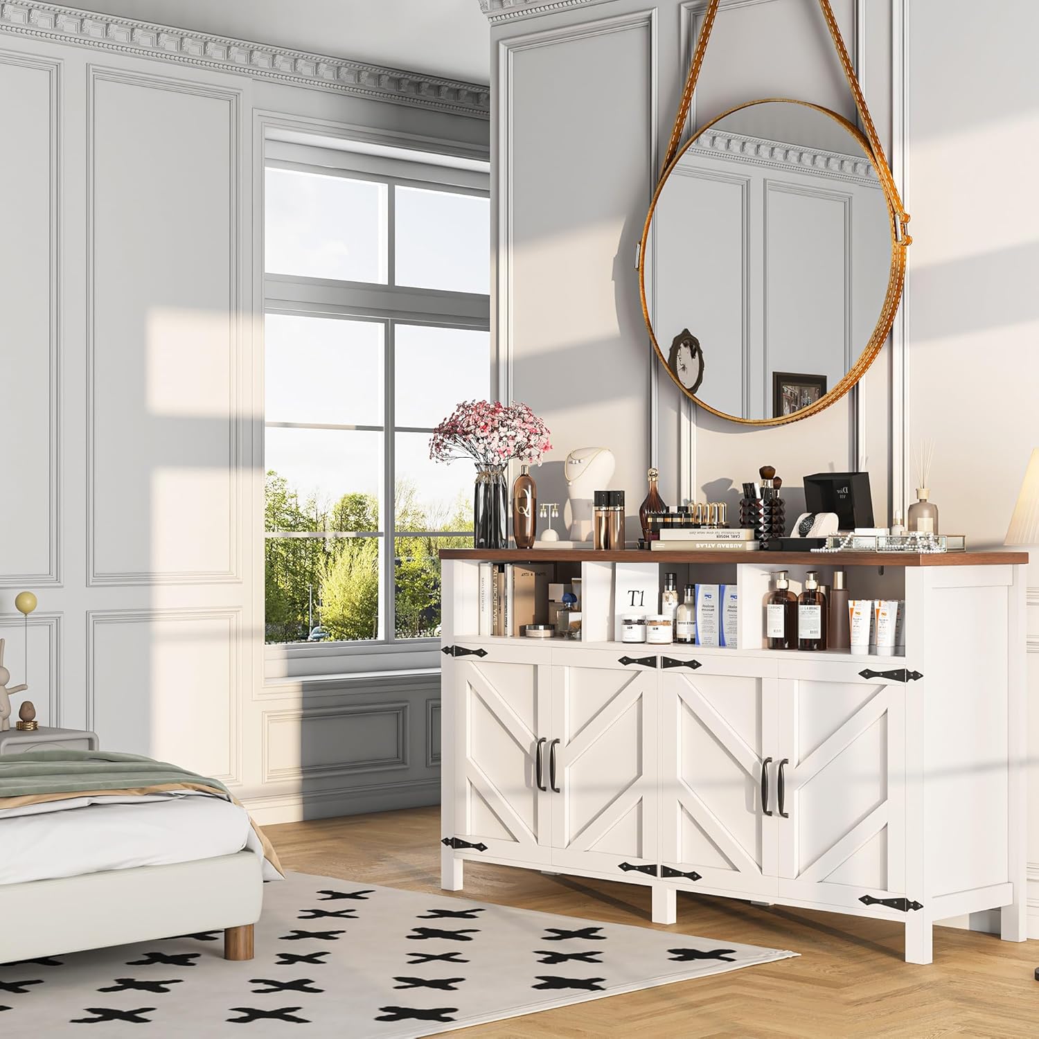 Buffet Sideboard with Storage Farmhouse with 4 Doors, 55'' Large Kitchen Storage Cabinet Wood Coffee Bar Cabinet Buffet Table with Shelves for Kitchen, Dining Room, Entryway