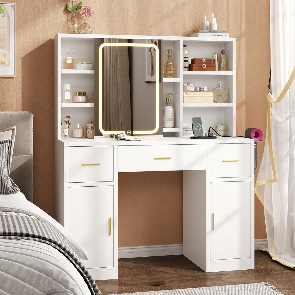 Vanity Desk with Sliding Mirror & LED Lights, Smart Makeup Table with Charging Station, Hairdryer Holder, 7 Shelves, 3 Drawers, 2 Cabinets, Vanity with Extra Hidden Stroage for Bedroom,White