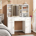 Vanity Desk with Sliding Mirror & LED Lights, Smart Makeup Table with Charging Station, Hairdryer Holder, 7 Shelves, 3 Drawers, 2 Cabinets, Vanity with Extra Hidden Stroage for Bedroom,White