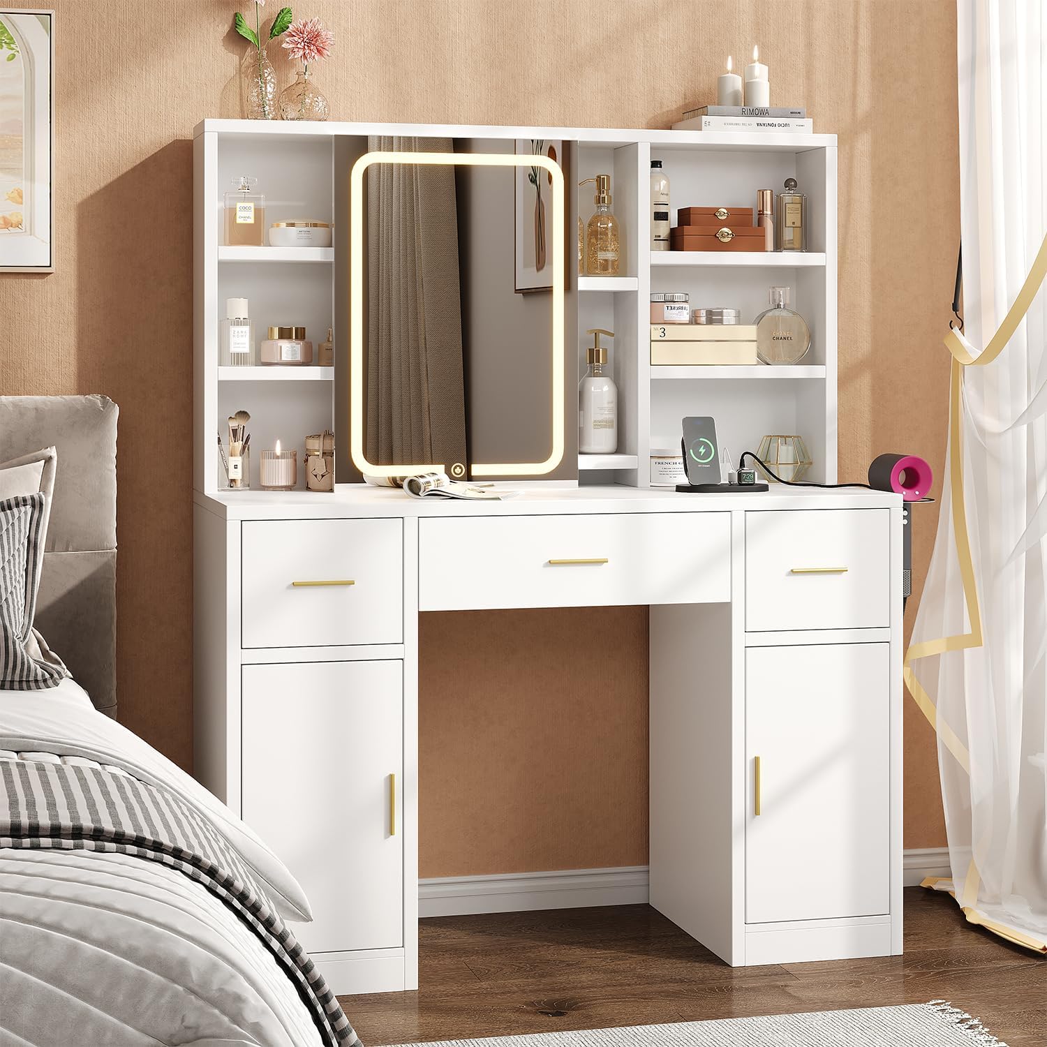 Vanity Desk with Sliding Mirror & LED Lights, Smart Makeup Table with Charging Station, Hairdryer Holder, 7 Shelves, 3 Drawers, 2 Cabinets, Vanity with Extra Hidden Stroage for Bedroom,White