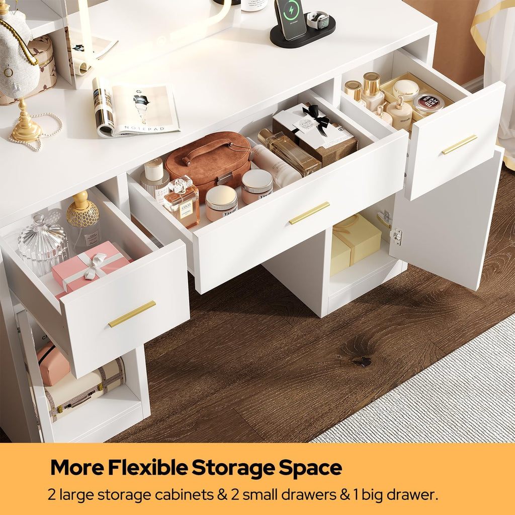 Vanity Desk with Sliding Mirror & LED Lights, Smart Makeup Table with Charging Station, Hairdryer Holder, 7 Shelves, 3 Drawers, 2 Cabinets, Vanity with Extra Hidden Stroage for Bedroom,White