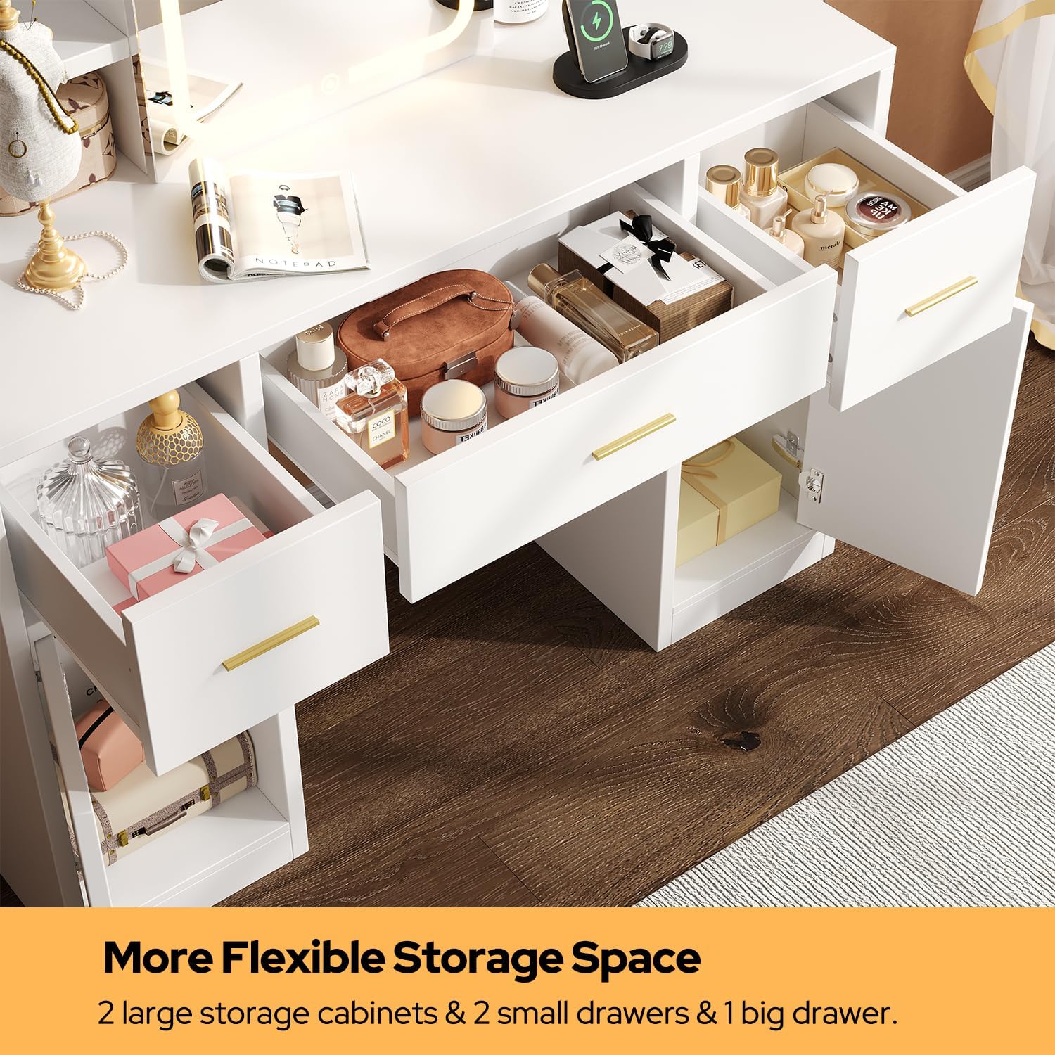 Vanity Desk with Sliding Mirror & LED Lights, Smart Makeup Table with Charging Station, Hairdryer Holder, 7 Shelves, 3 Drawers, 2 Cabinets, Vanity with Extra Hidden Stroage for Bedroom,White