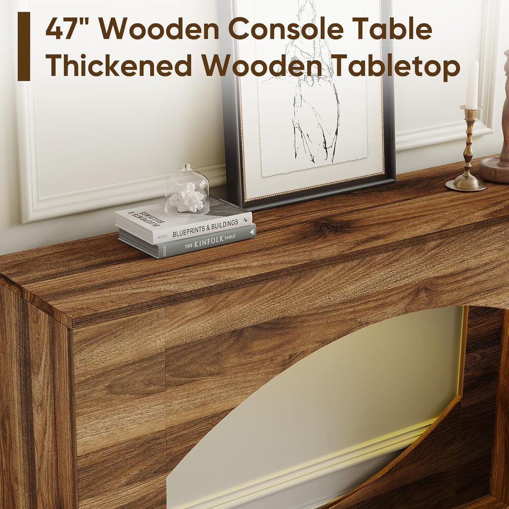 47" Console Table with LED, 2-Tier Entryway Table with Storage, Long Sofa Table Behind Couch, Narrow Farmhouse Accent Tables for Living Room, Hallway, Foyer, Wood, Brown