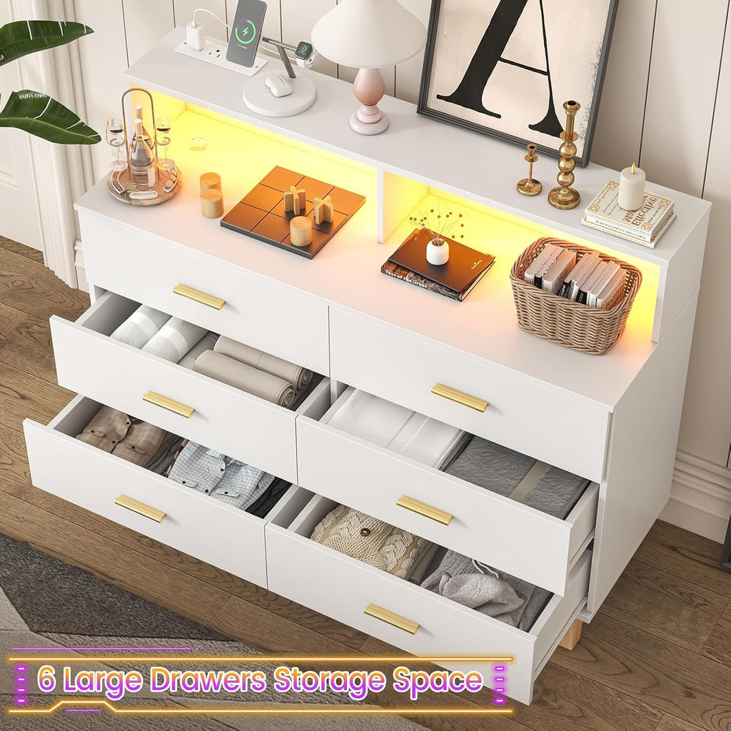 White 6 Drawer Dresser for Bedroom, Chest of Drawers with LED Light and Power Outlet, Tall Wide Dresser for Organizer Cabinet Bedroom,Living Room,Hallway, Entryway