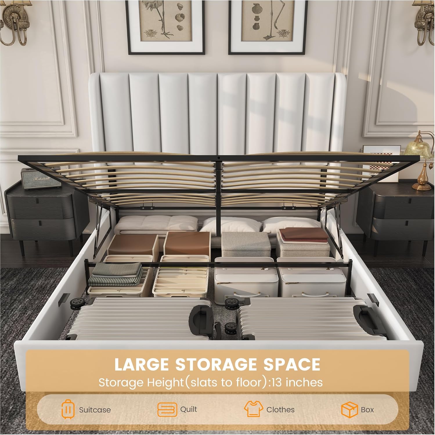 Queen Size Lift Up Storage Bed Frame with 51" Tall Headboard, Upholstered Velvet Wingback Tufted Design, Wood Slats Support, No Box Spring Required, Noise-Free Double Bed Frame (Queen,White)