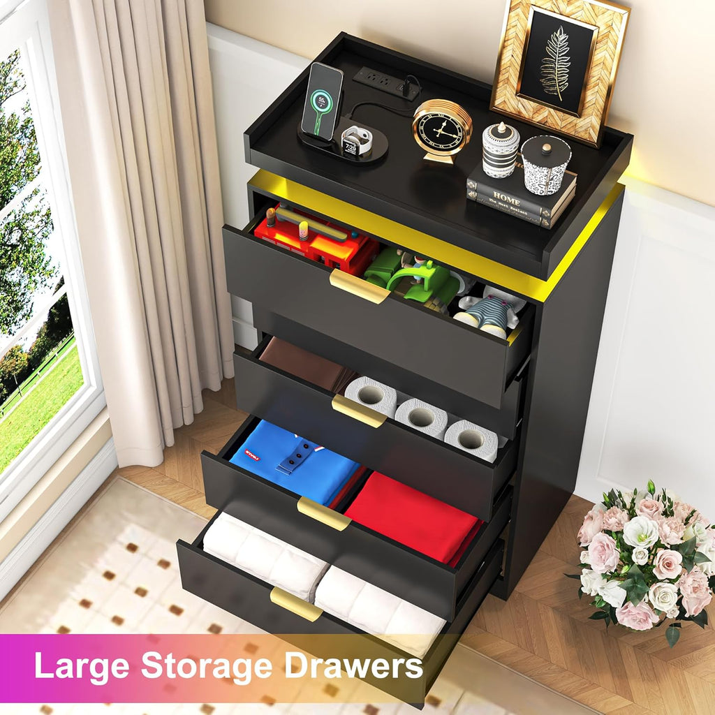 Tall Dresser for Bedroom, Black Dresser with LED Lights, Wood 5 Drawer Chest with Power Outlet, Modern Chest of Drawers for Bedroom, Living Room, Entryway, Hallway