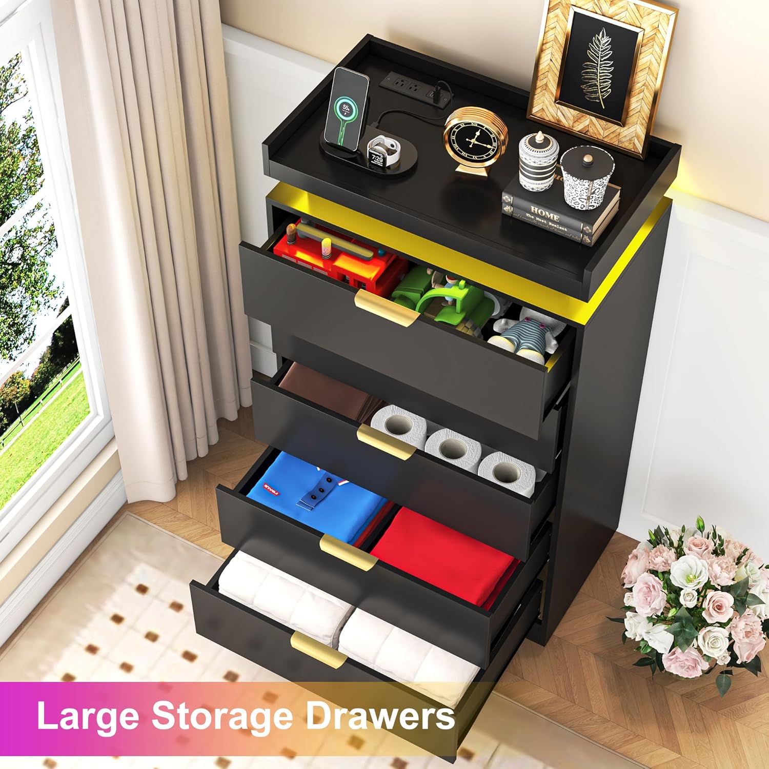 Tall Dresser for Bedroom, Black Dresser with LED Lights, Wood 5 Drawer Chest with Power Outlet, Modern Chest of Drawers for Bedroom, Living Room, Entryway, Hallway