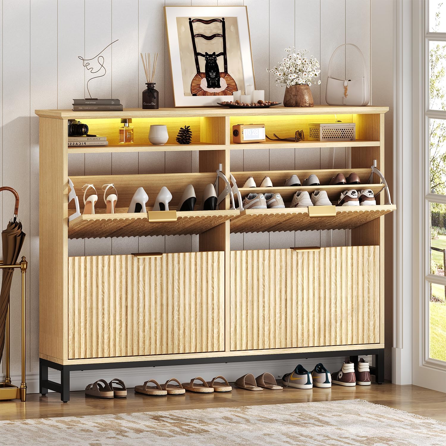 knoworld Fluted Shoe Storage Cabinet with 4 Flip Drawers, Narrow Freestanding Slim Shoe Organizer Cabinet for Entryway, Hidden Shoe Rack with Open Storage Space & LED Light for Hallway or Foyer