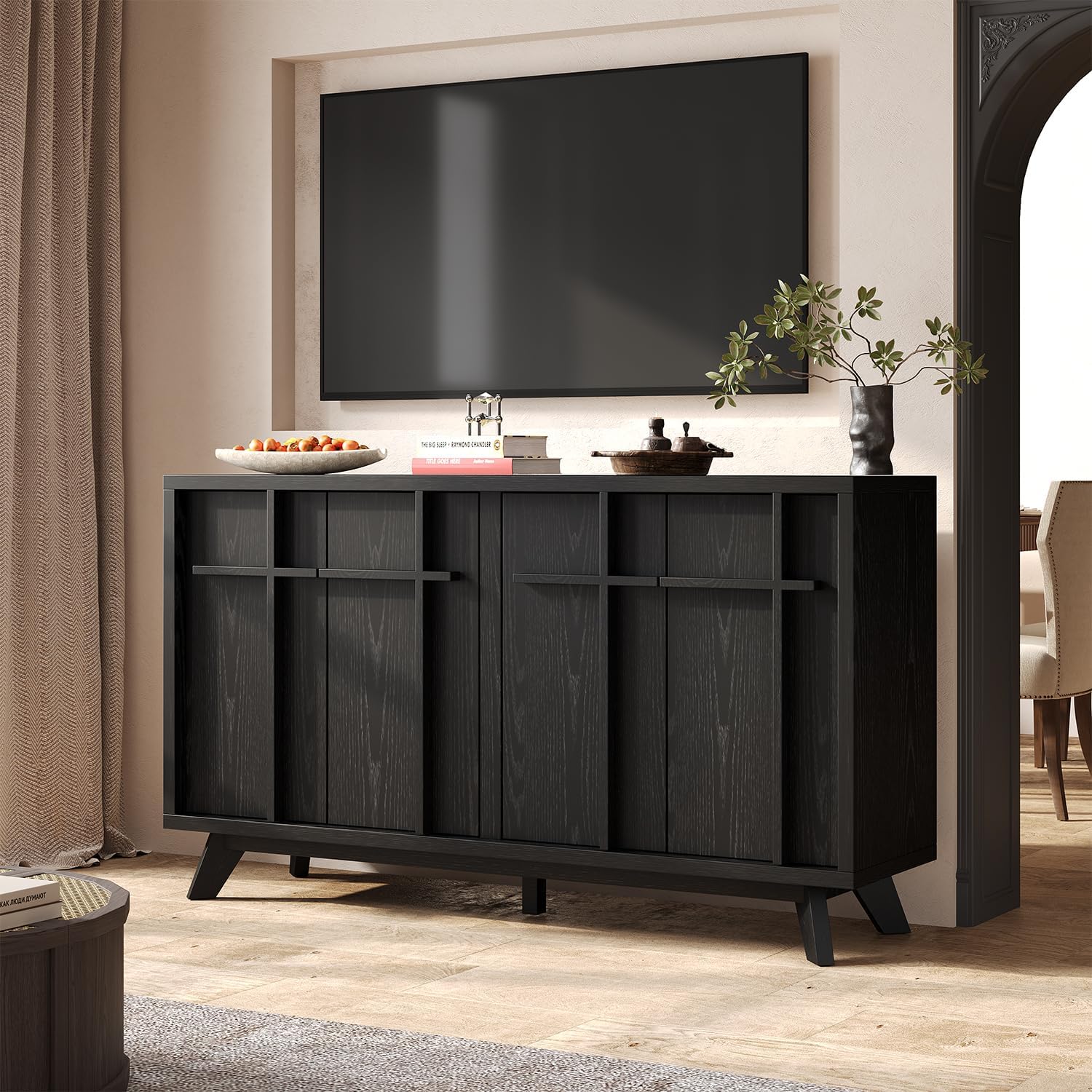 knoworld 59" Sideboard Buffet Cabinet with Storage, Modern Credenza, Black | Wood Console Cabinet with 4 Doors&Adjustable Shelves, Accent Coffee Bar Cabinet for Living Room Kitchen Dining Room Hallway