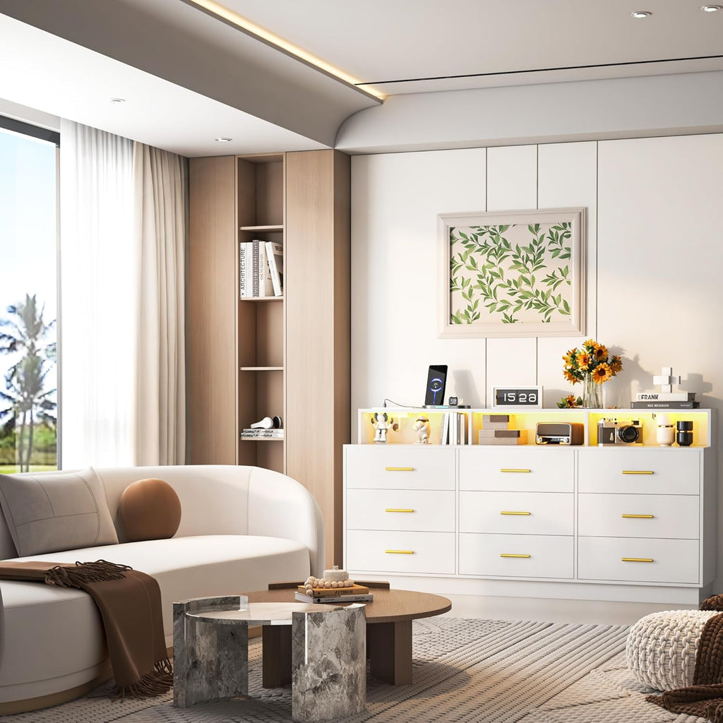 White 9 Drawer Dressers for Bedroom, Modern Large Dresser with LED Light and Power Outlet, Wooden Long Dresser, Triple Dressers for Bedroom, Entryway, Hallway