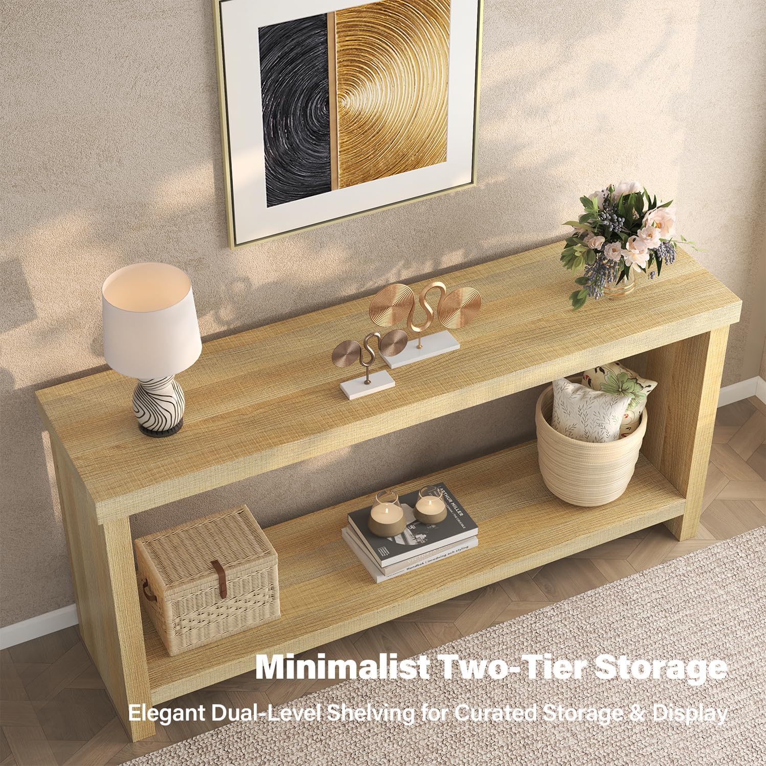 63 Inches Narrow Console Table, 2-Tier Long Sofa Tables Behind Couch Table, Farmhouse Foyer Tables for Entryway, Hallway, Living Room, Oak Natural