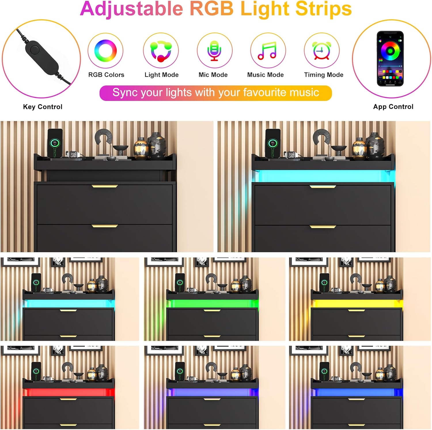 Tall Dresser for Bedroom, Black Dresser with LED Lights, Wood 5 Drawer Chest with Power Outlet, Modern Chest of Drawers for Bedroom, Living Room, Entryway, Hallway