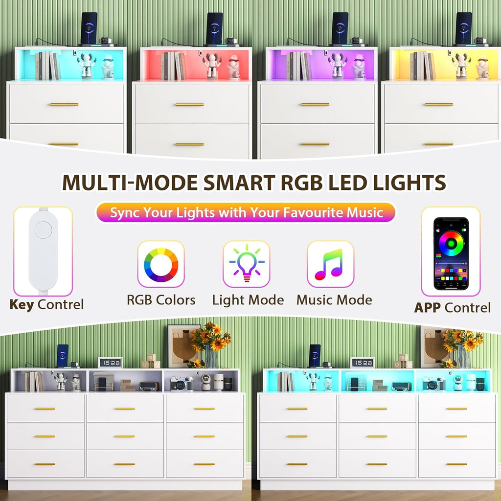 White 9 Drawer Dressers for Bedroom, Modern Large Dresser with LED Light and Power Outlet, Wooden Long Dresser, Triple Dressers for Bedroom, Entryway, Hallway