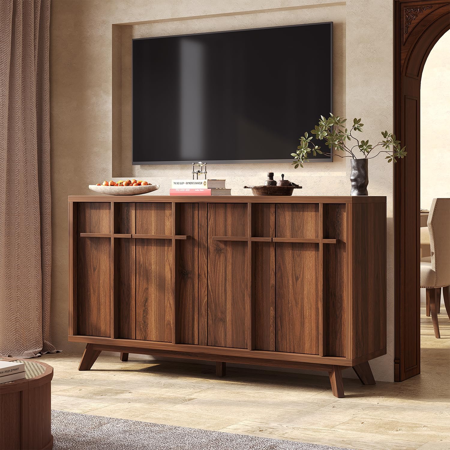 Sideboard Buffet Cabinet with Storage, 59" Modern Credenza with 4 Doors & Adjustable Shelves, Wood Console Cabinet for Living Room Kitchen Dining Room Hallway (Walnut)