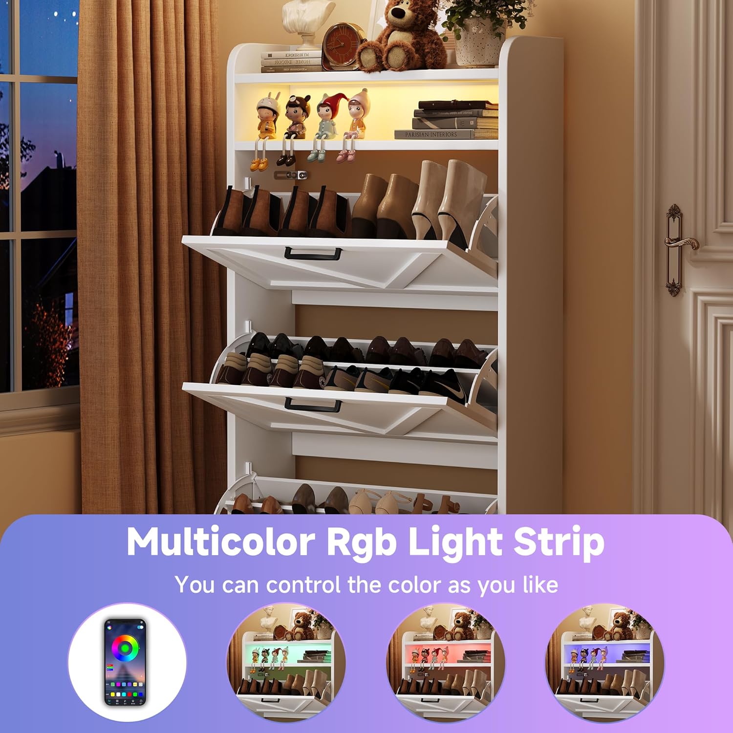 Wooden Shoe Cabinet, Narrow LED Shoe Rack Closed Storage Organizer with Adjustable Shelf, Freestanding Hidden Shoe Cabinet Storage for Entryway,Living Room(3 Drawers with LED, Linen White)