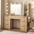 47" Fluted Makeup Vanity Desk with Large 42" Mirror and Ajustable LED Lights, Modern Glass Top Big Vanity Table with 7 Drawers, Dressing Table w/Charging Outlet for Bedroom, Natural Oak