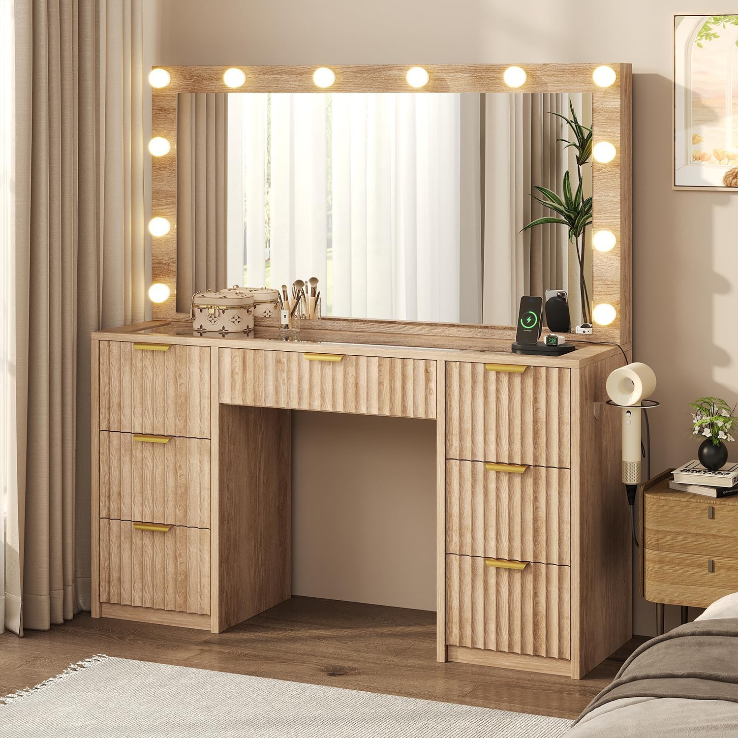 47" Fluted Makeup Vanity Desk with Large 42" Mirror and Ajustable LED Lights, Modern Glass Top Big Vanity Table with 7 Drawers, Dressing Table w/Charging Outlet for Bedroom, Natural Oak