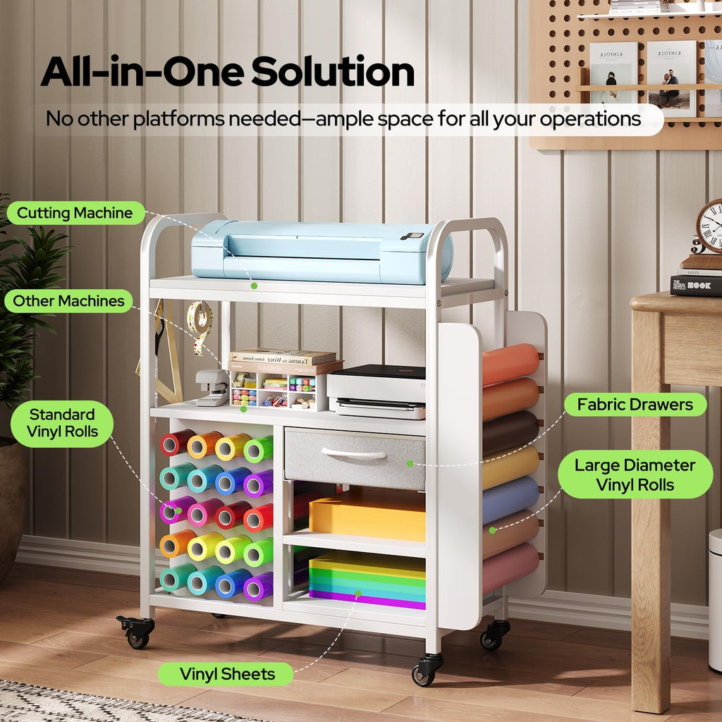 Craft Cart with Wheels Compatible with Cricut Machine, Organization and Storage Stand with 27 Vinyl Roll Holders and Drawer, Rolling Storage Cart with Table for Cricut Explore Maker Joy Accessories