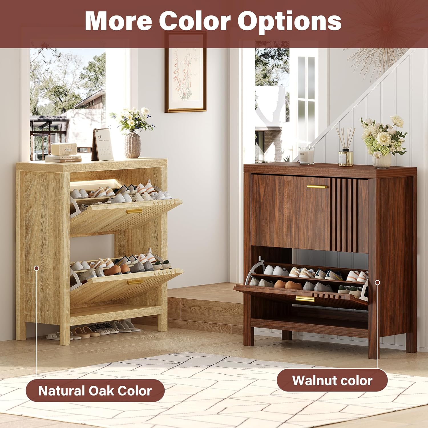 Shoe Storage Cabinet for Entryway with 2 Flip Drawers, 31.5" Slim Fluted Shoe Organizer Cabinet, Narrow Wooden Shoe Rack Cabinet, Freestanding Hidden Shoe Cabinet for Hallway, Entrance (Walnut)