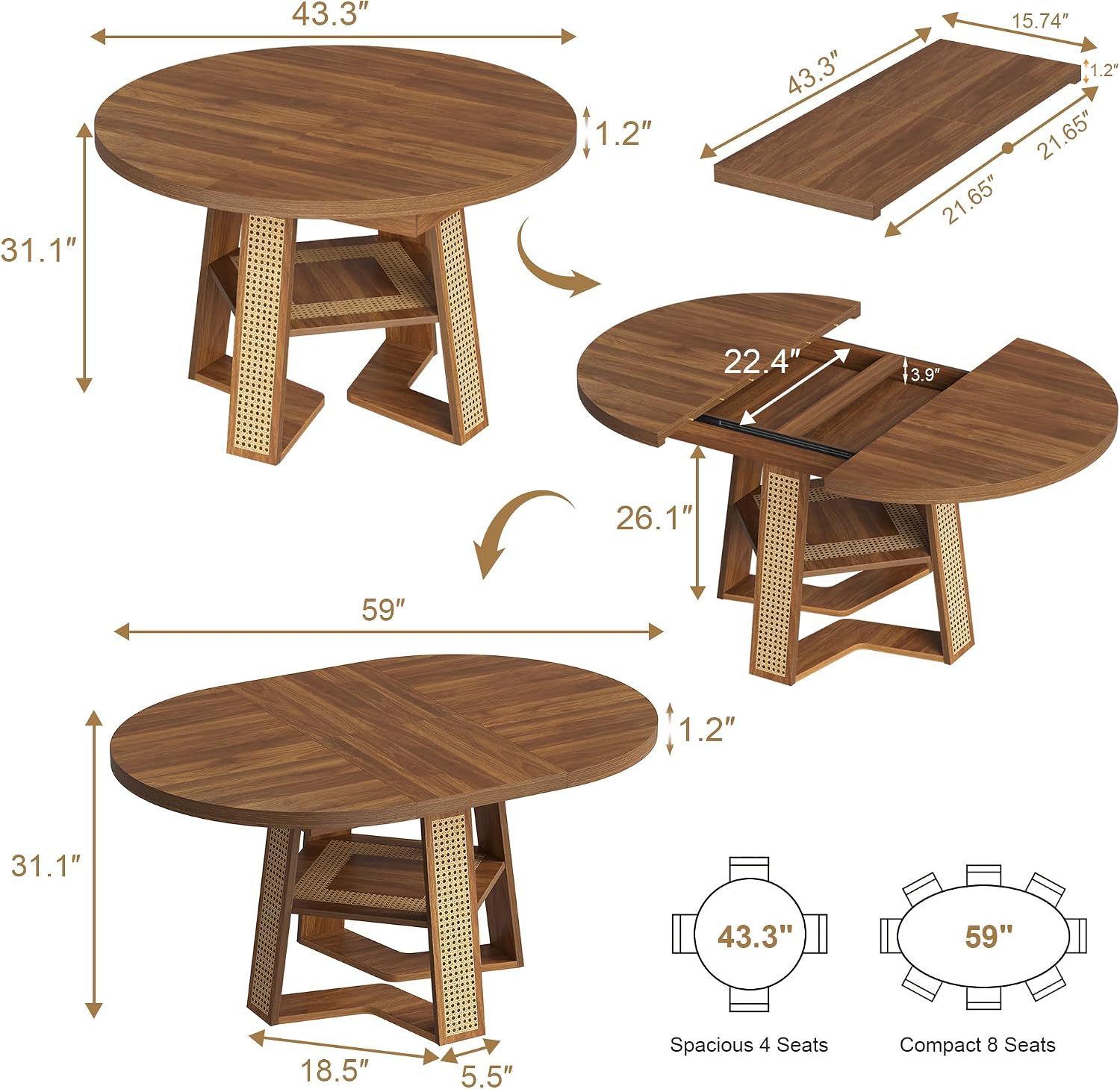 knoworld 43"-59" Extendable Round Dining Table for 4-8, V-Leg | Modern Kitchen Oval Dining Table with Removable Leaves, Wood Base with Storage Shelf for Kitchen Living Room, Walnut