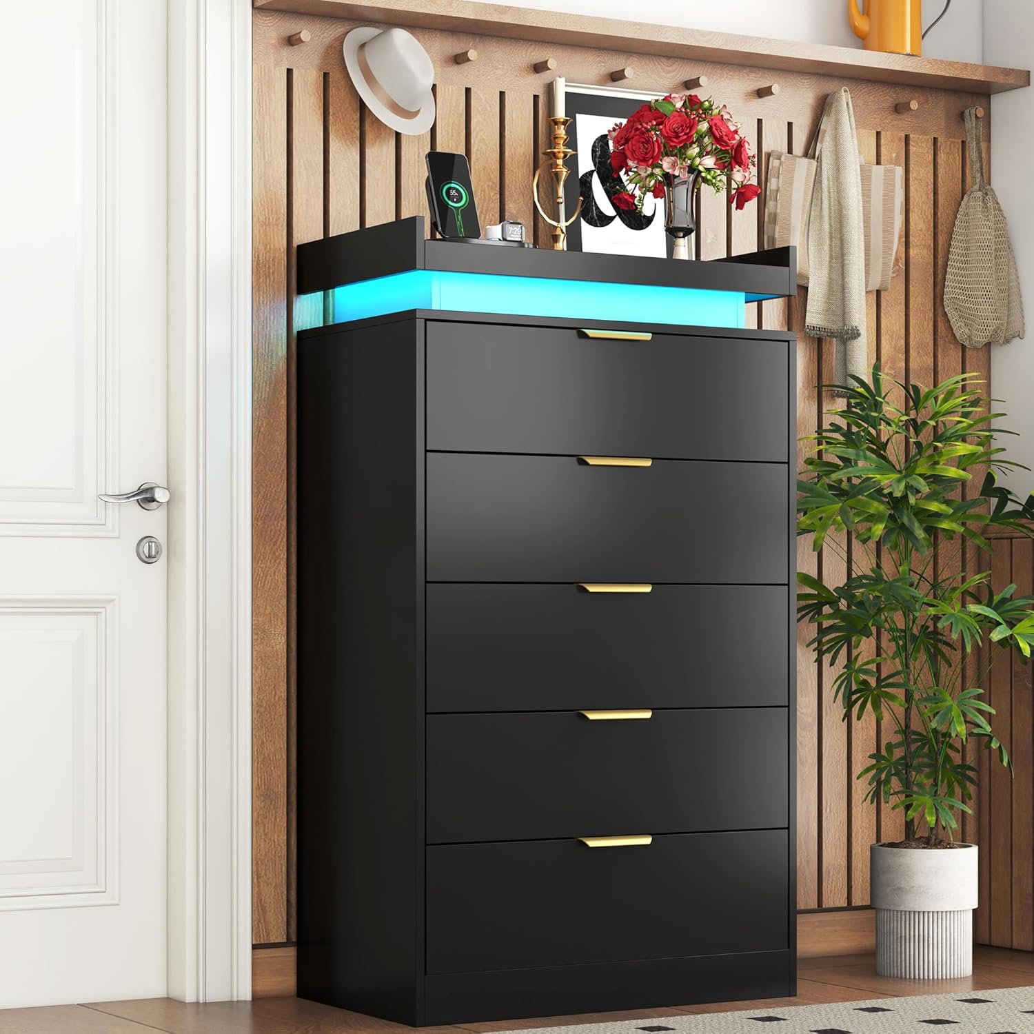 Tall Dresser for Bedroom, Black Dresser with LED Lights, Wood 5 Drawer Chest with Power Outlet, Modern Chest of Drawers for Bedroom, Living Room, Entryway, Hallway