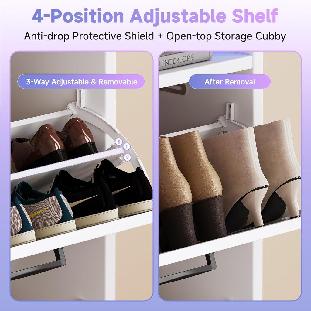 Wooden Shoe Cabinet, Narrow LED Shoe Rack Closed Storage Organizer with Adjustable Shelf, Freestanding Hidden Shoe Cabinet Storage for Entryway,Living Room(3 Drawers with LED, Linen White)