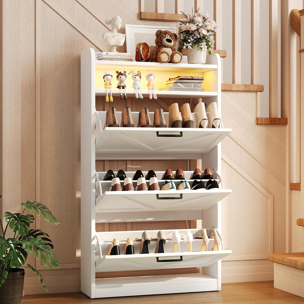 Wooden Shoe Cabinet, Narrow LED Shoe Rack Closed Storage Organizer with Adjustable Shelf, Freestanding Hidden Shoe Cabinet Storage for Entryway,Living Room(3 Drawers with LED, Linen White)