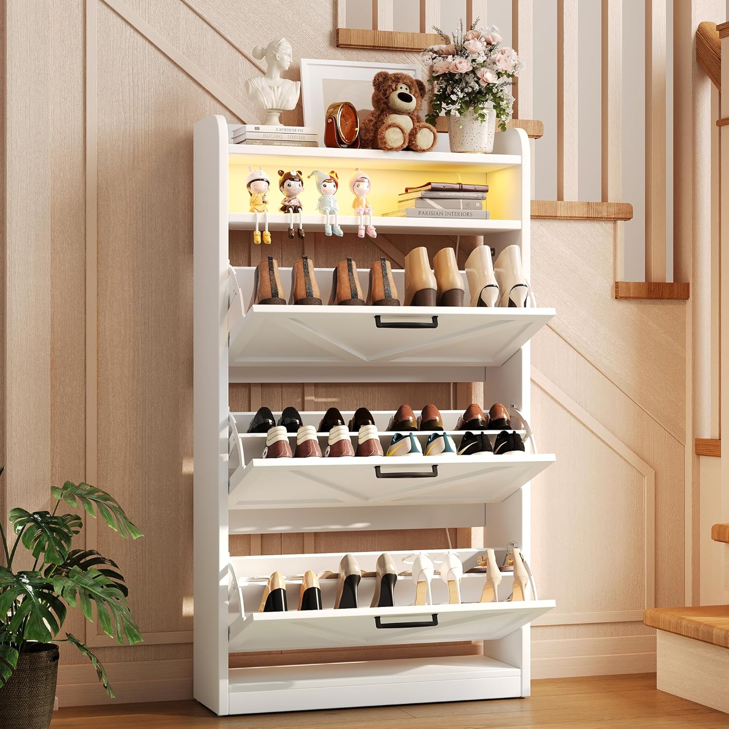 Wooden Shoe Cabinet, Narrow LED Shoe Rack Closed Storage Organizer with Adjustable Shelf, Freestanding Hidden Shoe Cabinet Storage for Entryway,Living Room(3 Drawers with LED, Linen White)