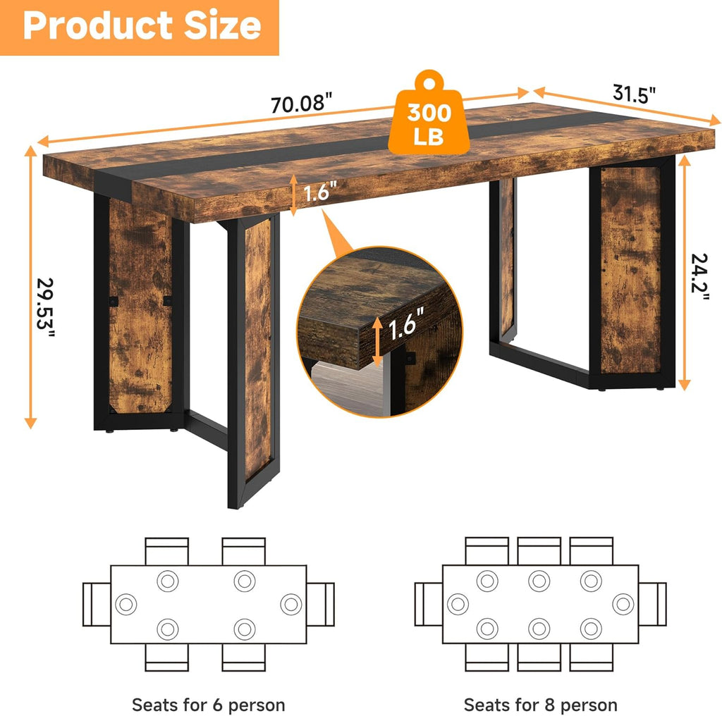 Industrial Dining Table for 6-8 People, 71" Large Long Wooden Kitchen Table with Sturdy Metal Frame & Brown Finish, Rustic Style Rectangular Dinner Table for Dining Room, Kitchen (Vintage Brown)